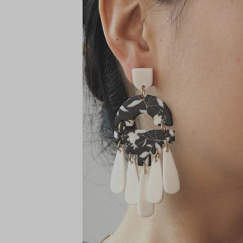 Black White Classic Floral Animal Pattern Elegant Big Multi Size Drop Long Dangle Unique Chandelier Polymer Clay Earrings Sets