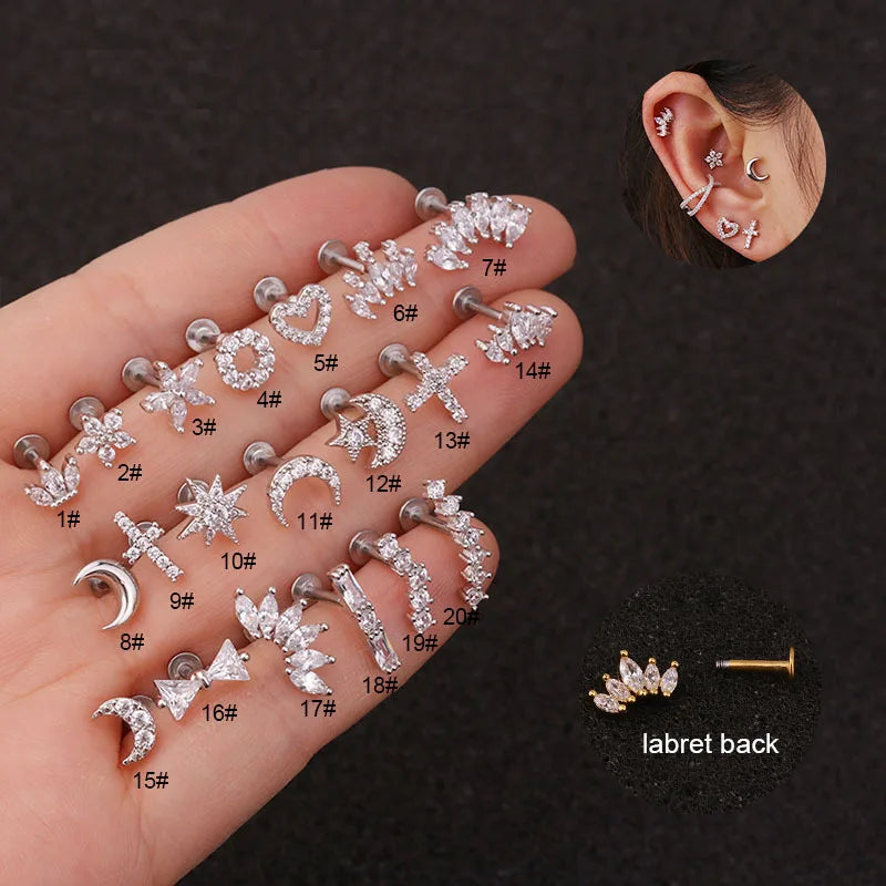 2020 New 1Pc Silver Color Stainless Steel Ear Cartilage Helix Screw Back Earring Stud Cz Tragus Rook Conch Piercing Jewelry