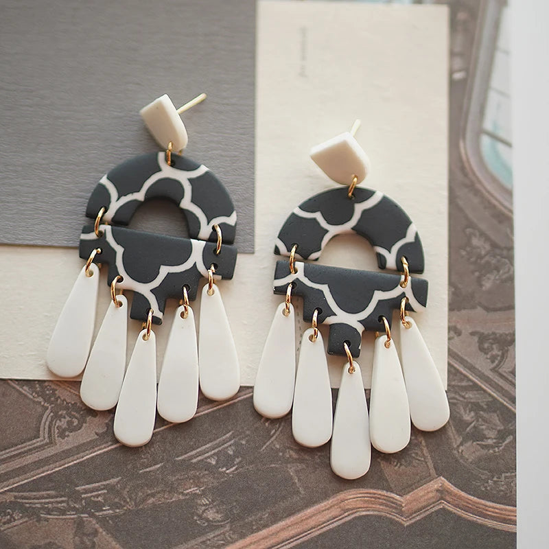 Black White Classic Floral Animal Pattern Elegant Big Multi Size Drop Long Dangle Unique Chandelier Polymer Clay Earrings Sets