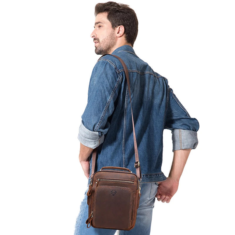 HUMERPAUL Genuine Leather Men's Shoulder Bag Vintage Cross Bags Large Capacity Male Messenger Tote Bag Travel Bolso Hombres