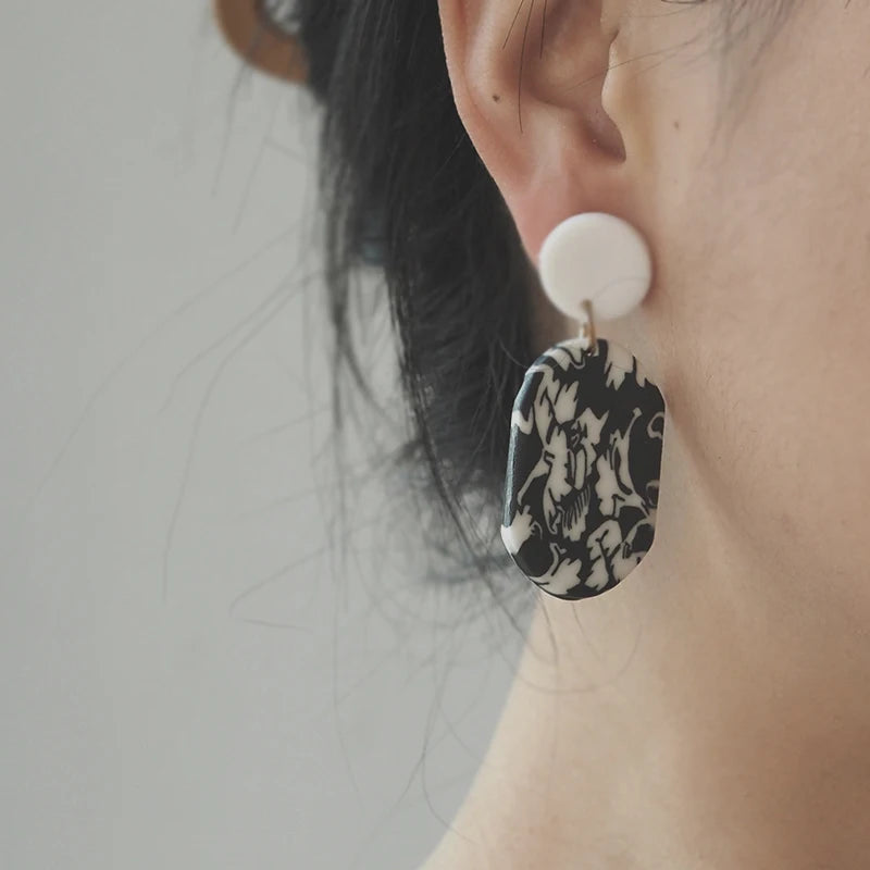 Black White Classic Floral Animal Pattern Elegant Big Multi Size Drop Long Dangle Unique Chandelier Polymer Clay Earrings Sets