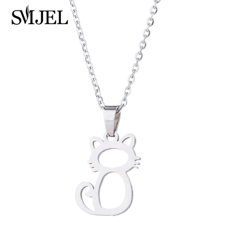 Lovely Gold Color Kitten Cat Stainless Steel Jewelry Set Necklaces Girl Collares Fashion Hollow Cat Earring Necklace Paw Jewelry