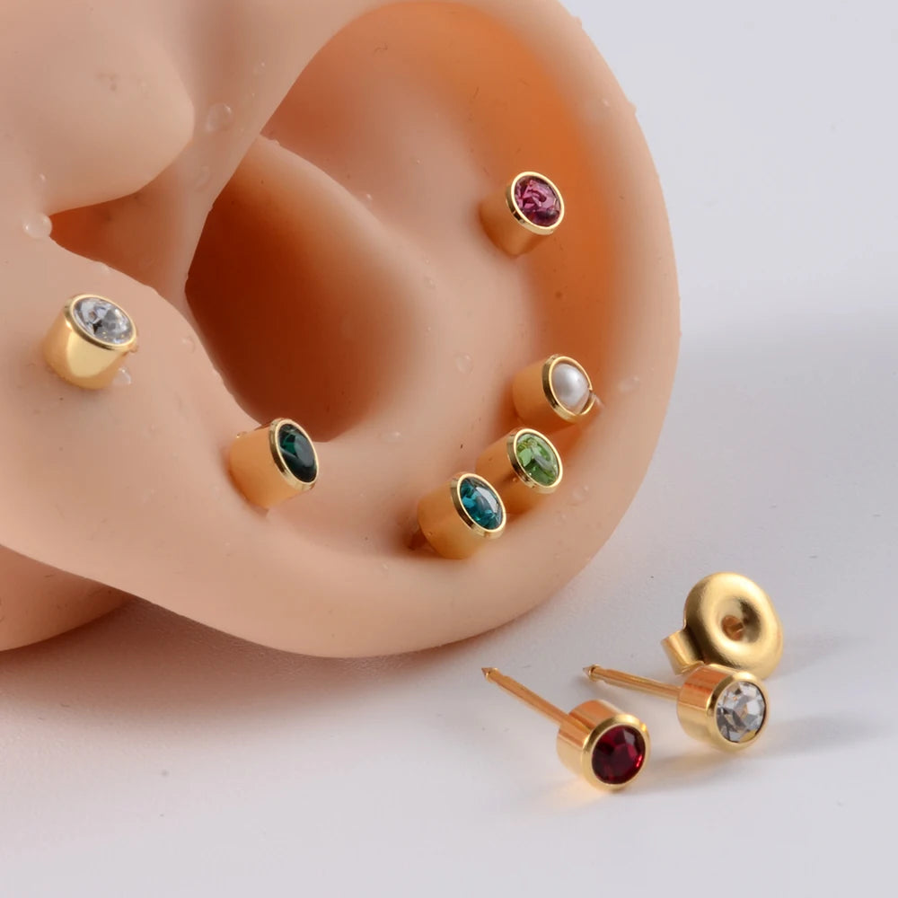 Pair 24K Gold Plating&steel Birthstone Zircon Ear Studs CZ Gem Earrings For Piercing Gun Ear Tragus Cartilage piercing jewelry