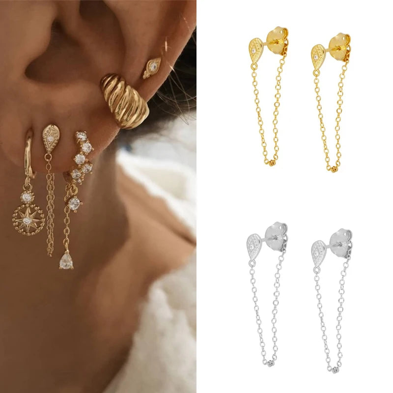 CRMYA Gold Silver Color Chain Stud Earrings For Women Flower Cross CZ Zircon Long Piercing Earring Ear Rings Jewelry Wholesale