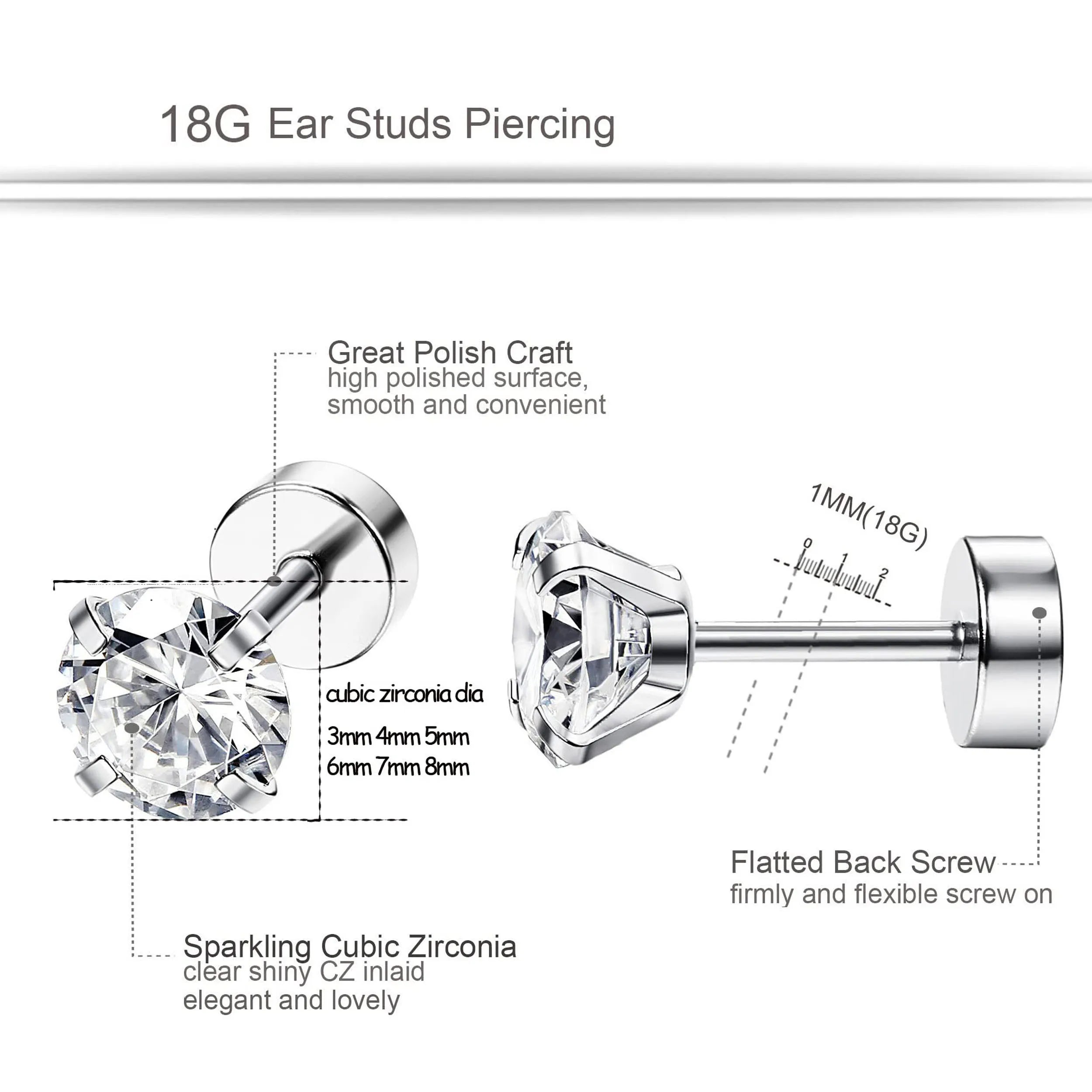 1/6 Pairs 18G Stainless Steel Ear Stud Piercing Barbell Studs Earrings Set Round Cubic Zirconia Inlaid Steel Size 2/4/5/6/8/10MM