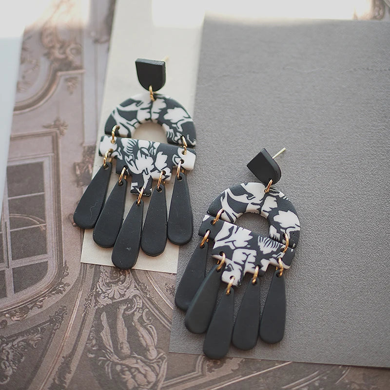 Black White Classic Floral Animal Pattern Elegant Big Multi Size Drop Long Dangle Unique Chandelier Polymer Clay Earrings Sets