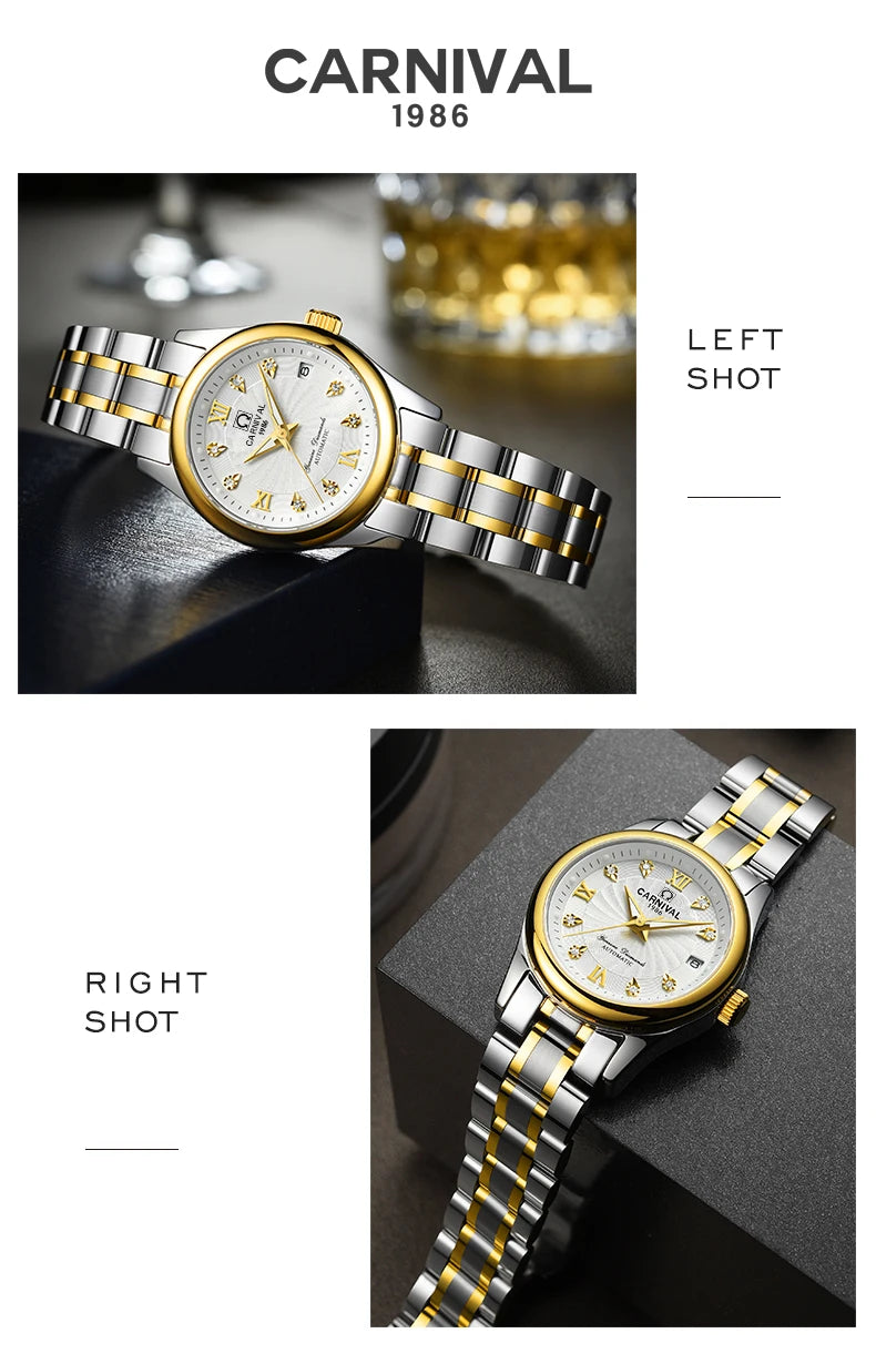 CARNIVAL Brand Luxury Mechanical Watch for Women Ladies Fashion Sapphire Automatic Movement Wristwatches Waterproof Reloj Mujer