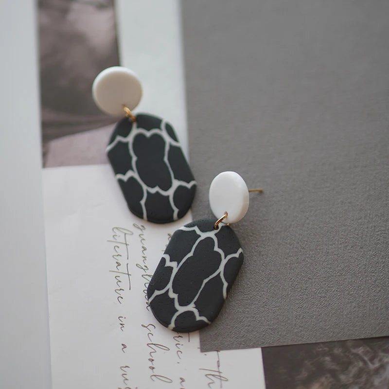 Black White Classic Floral Animal Pattern Elegant Big Multi Size Drop Long Dangle Unique Chandelier Polymer Clay Earrings Sets