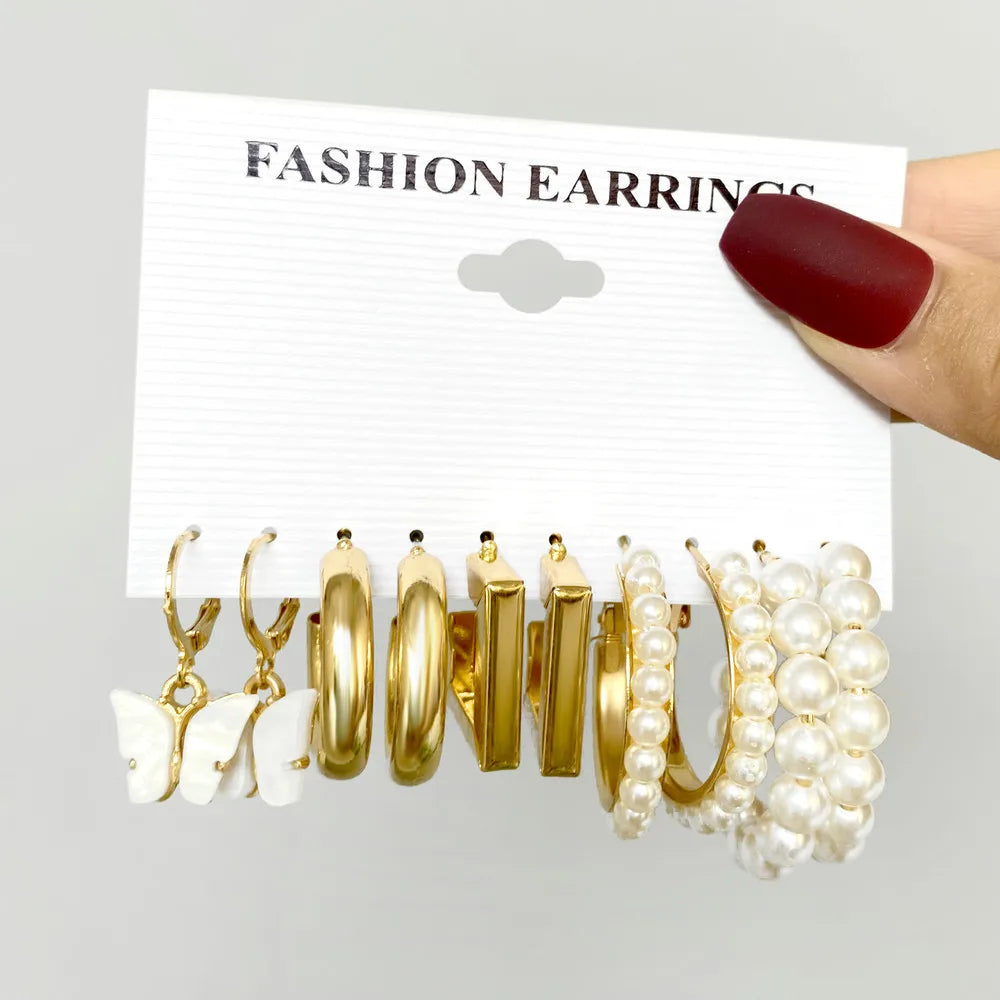 LATS Trendy Gold Color Butterfly Hoop Earrings Set for Women Snake Pearl Resin Hoop Earrings Cute Brincos Party Fashion Jewelry