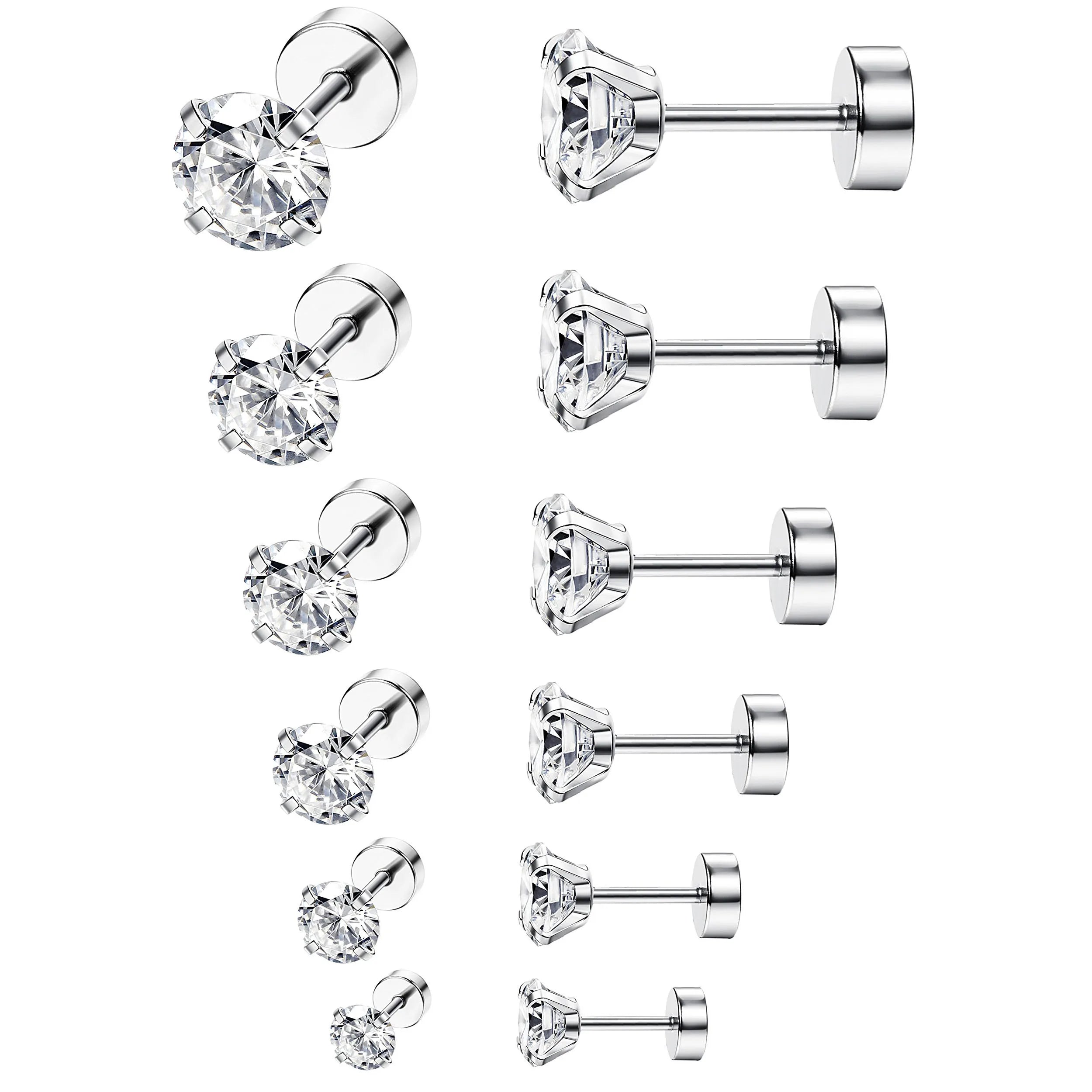 1/6 Pairs 18G Stainless Steel Ear Stud Piercing Barbell Studs Earrings Set Round Cubic Zirconia Inlaid Steel Size 2/4/5/6/8/10MM