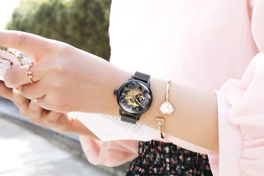 New Fashion Luxury Brand Skeleton Women Mechanical Watches Female Clock Automatic Self-Wind Wristwatches for Ladies Montre Femme