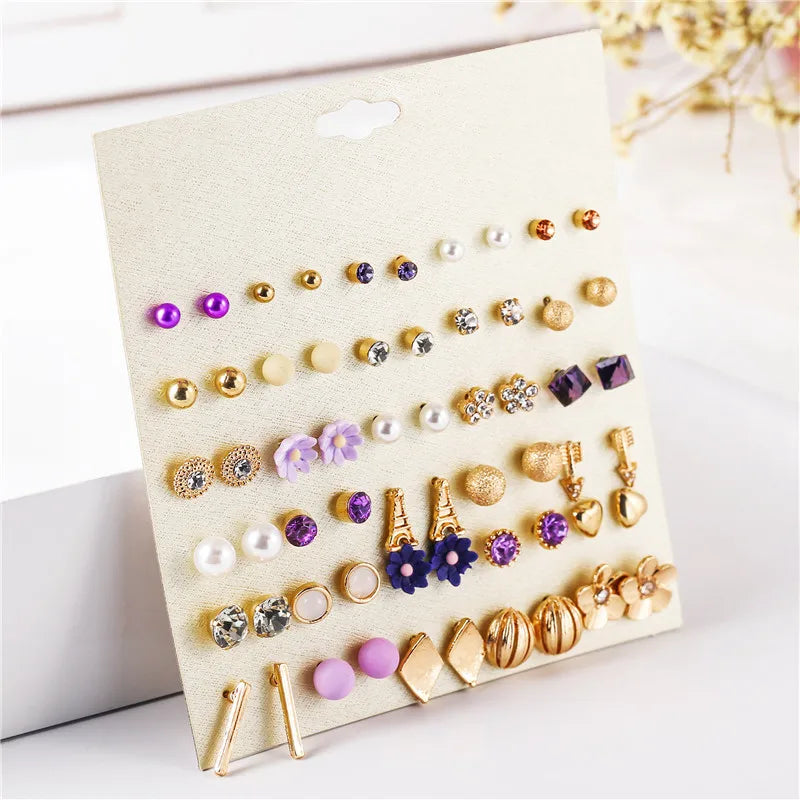 30Pairs/Sets Women Mixed Crystal Small Stud Earrings Sets Girl Heart Tower Flowers Arrow Pearl Beads Earring Sets Women Jewelry