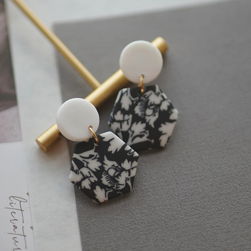 Black White Classic Floral Animal Pattern Elegant Big Multi Size Drop Long Dangle Unique Chandelier Polymer Clay Earrings Sets