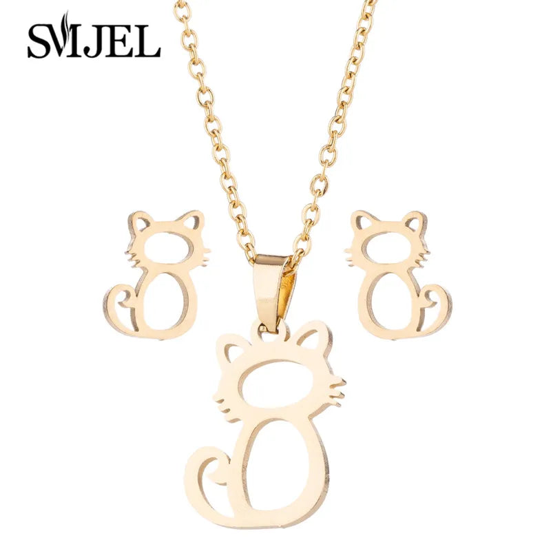 Lovely Gold Color Kitten Cat Stainless Steel Jewelry Set Necklaces Girl Collares Fashion Hollow Cat Earring Necklace Paw Jewelry