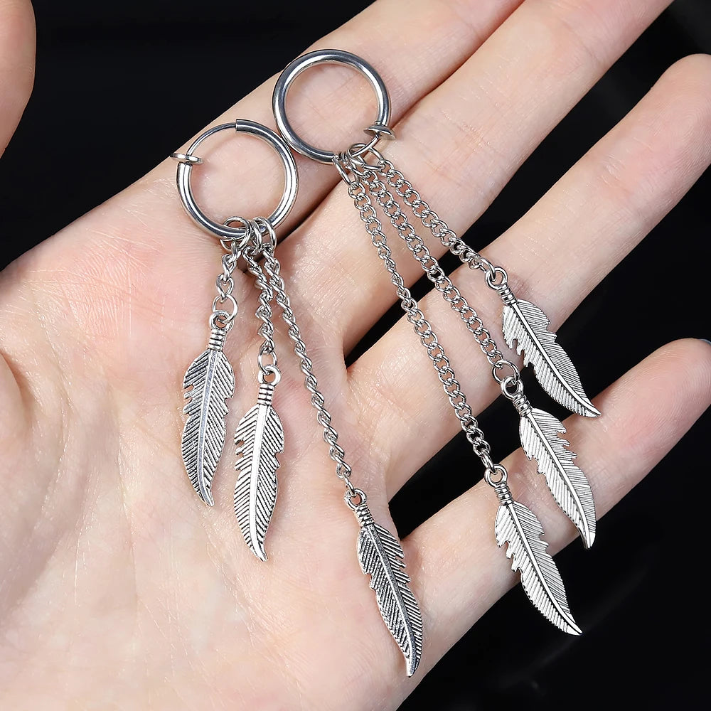 Men Punk Stainless Steel Stud Earring Earrings Feather Tassel Long Chain Pendant Unisex Trend Rock Hipster Ear Clip Woman Gift