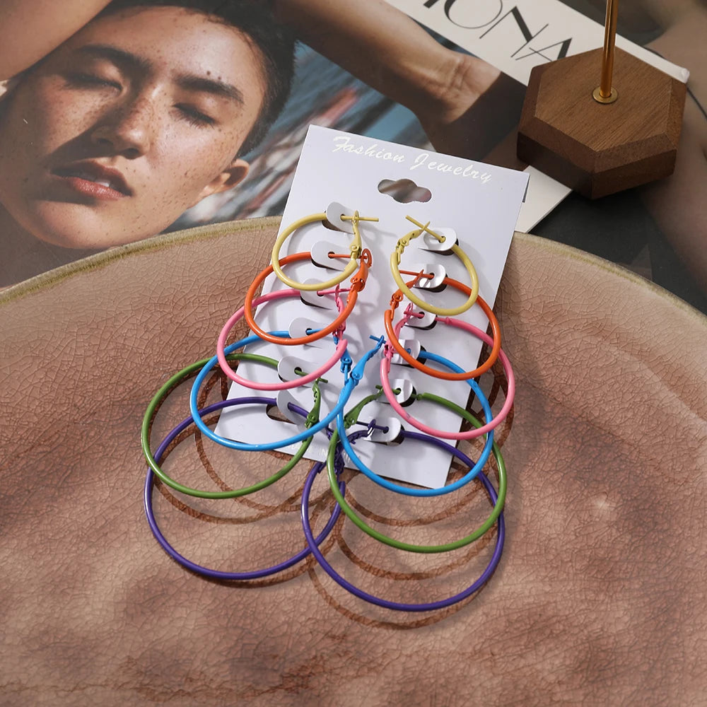 6 Pairs Colorful Hoop Earrings Set Big Circle Earring Fashion Jewelry Earring for Women Girls Steampunk Ear Clip Korean Earrings