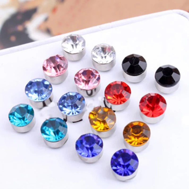 24Pcs/Set Unisex Stainless Steel Round Magnetic Non-Piercing Clip On Stud Earrings 3mm Crystal Round Ear Stud