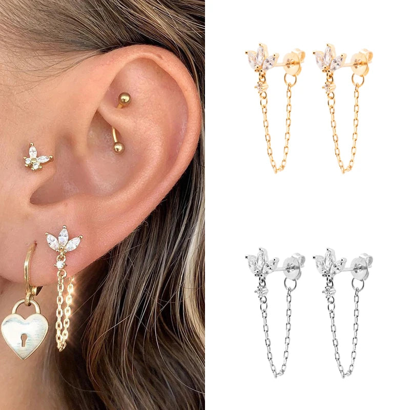 CRMYA Gold Silver Color Chain Stud Earrings For Women Flower Cross CZ Zircon Long Piercing Earring Ear Rings Jewelry Wholesale