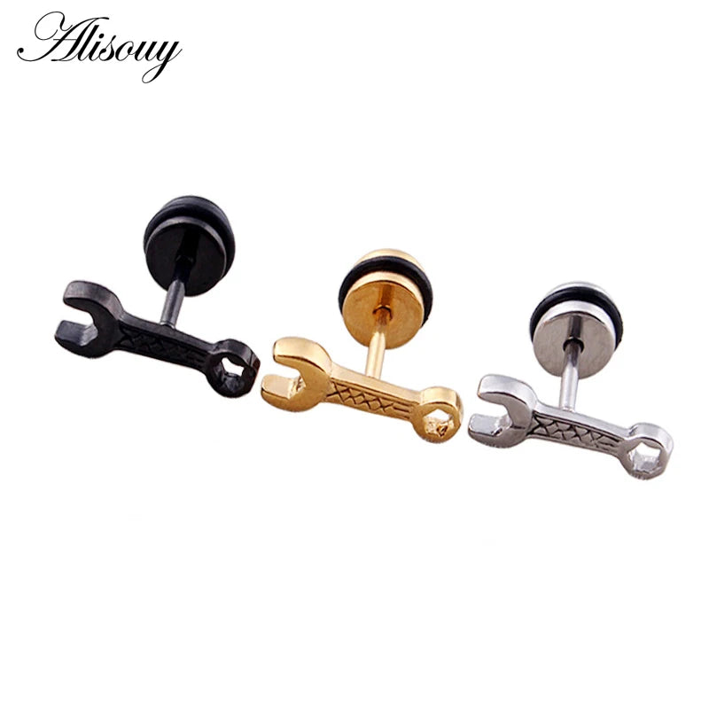 Alisouy 1Pair Stainless Steel Wrench Tool Ear Stud Earrings Men Women Piercing Jewelry