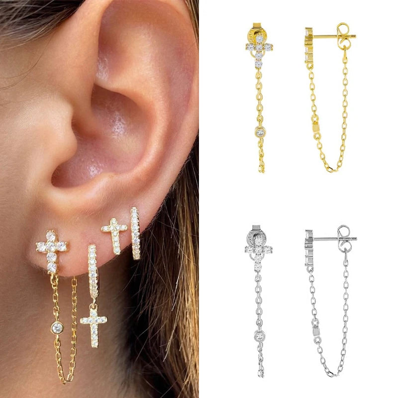 CRMYA Gold Silver Color Chain Stud Earrings For Women Flower Cross CZ Zircon Long Piercing Earring Ear Rings Jewelry Wholesale