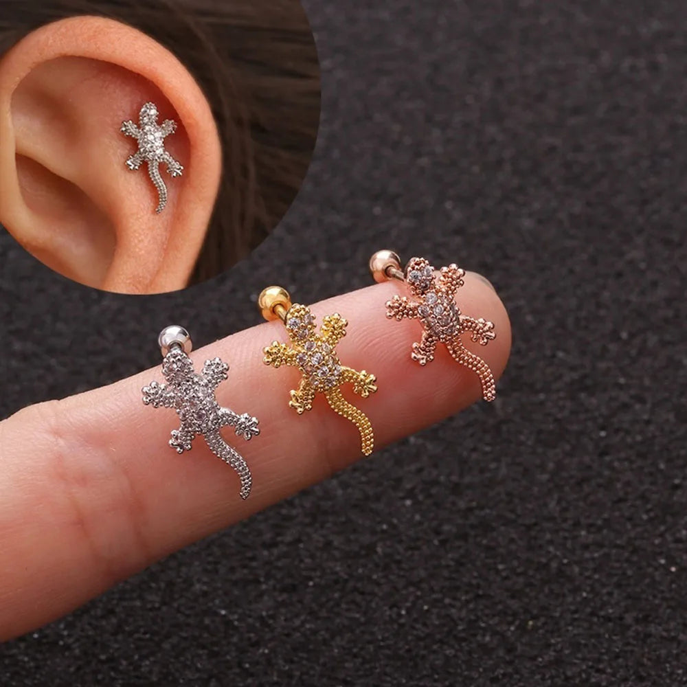 Animal Gecko Cartilage Earring Lizard Reptile Helix Stud Ear Piercing Jewelry Tragus Conch Screw Back Earring 1Pc