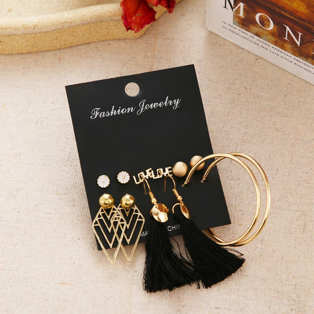 12 Pairs/Set Women's Earrings Pearl Earrings For Women Bohemian Fashion Jewelry 2021 Geometric Crystal Heart Stud Earrings New