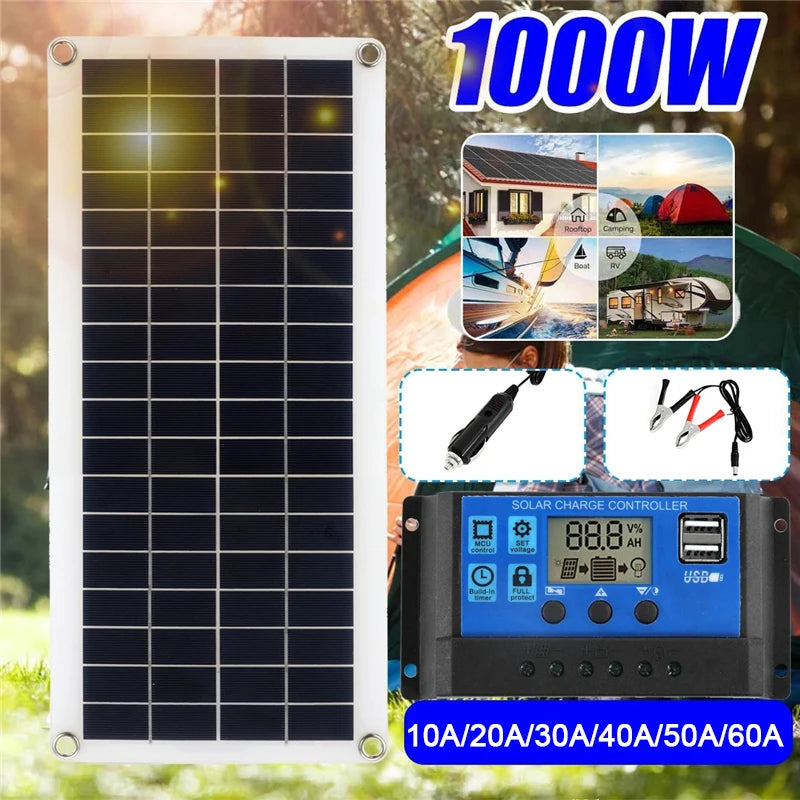 1000W Solar Panel 12V Solar Cell 10A-100A Controller Solar Panel for Phone RV Car MP3 PAD Charger Outdoor Battery Supply