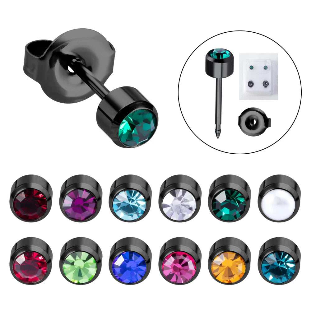 2pcs Black Rainbow 316l Steel Earring Studs Ear Piercing Gun Birthstone CZ Ear Stud Earrings Stud Tragus Cartilage Body Jewelry