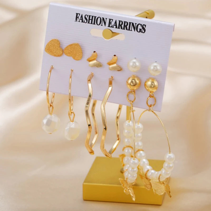 LATS Trendy Gold Color Butterfly Hoop Earrings Set for Women Snake Pearl Resin Hoop Earrings Cute Brincos Party Fashion Jewelry