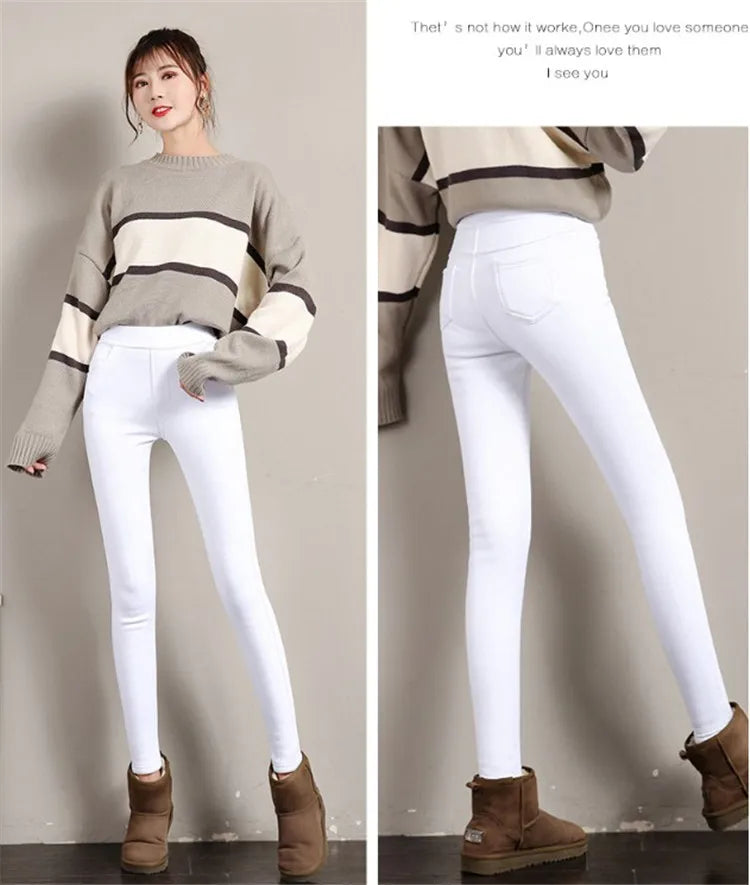 Winter Pants Women Plus Velvet Thicken Warm Elastic High Waist Pencil Pants Women Trousers White Pantalon Femme Spodnie Damskie