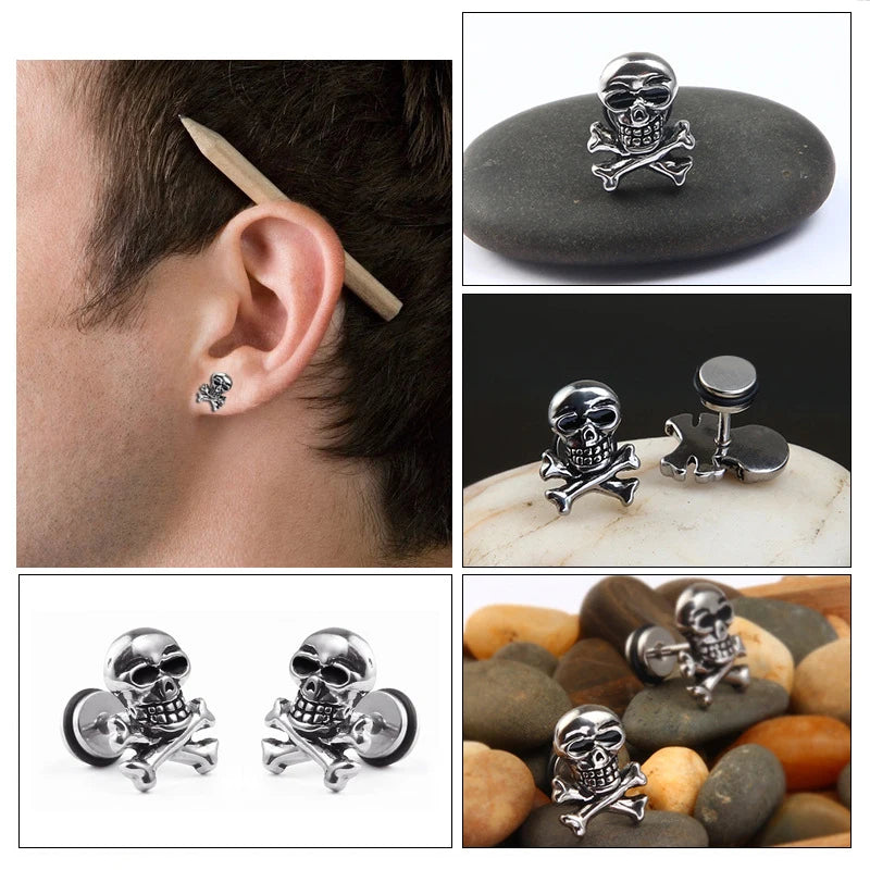 Unisex Women Men Earrings Stainless Steel Piercing Nail Screw Cross Skull Stud Earrings Punk Helix Ear Piercings Fashion Jewelry