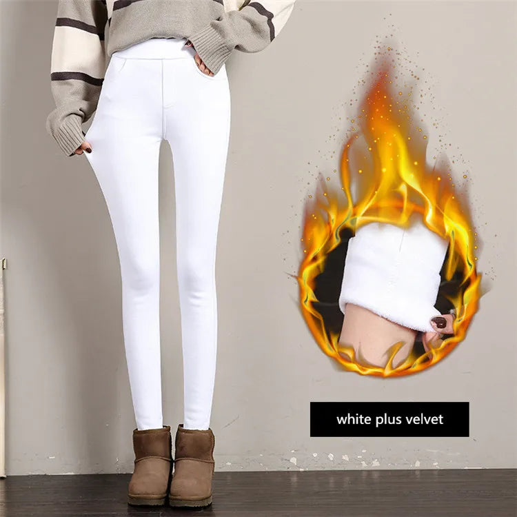 Winter Pants Women Plus Velvet Thicken Warm Elastic High Waist Pencil Pants Women Trousers White Pantalon Femme Spodnie Damskie