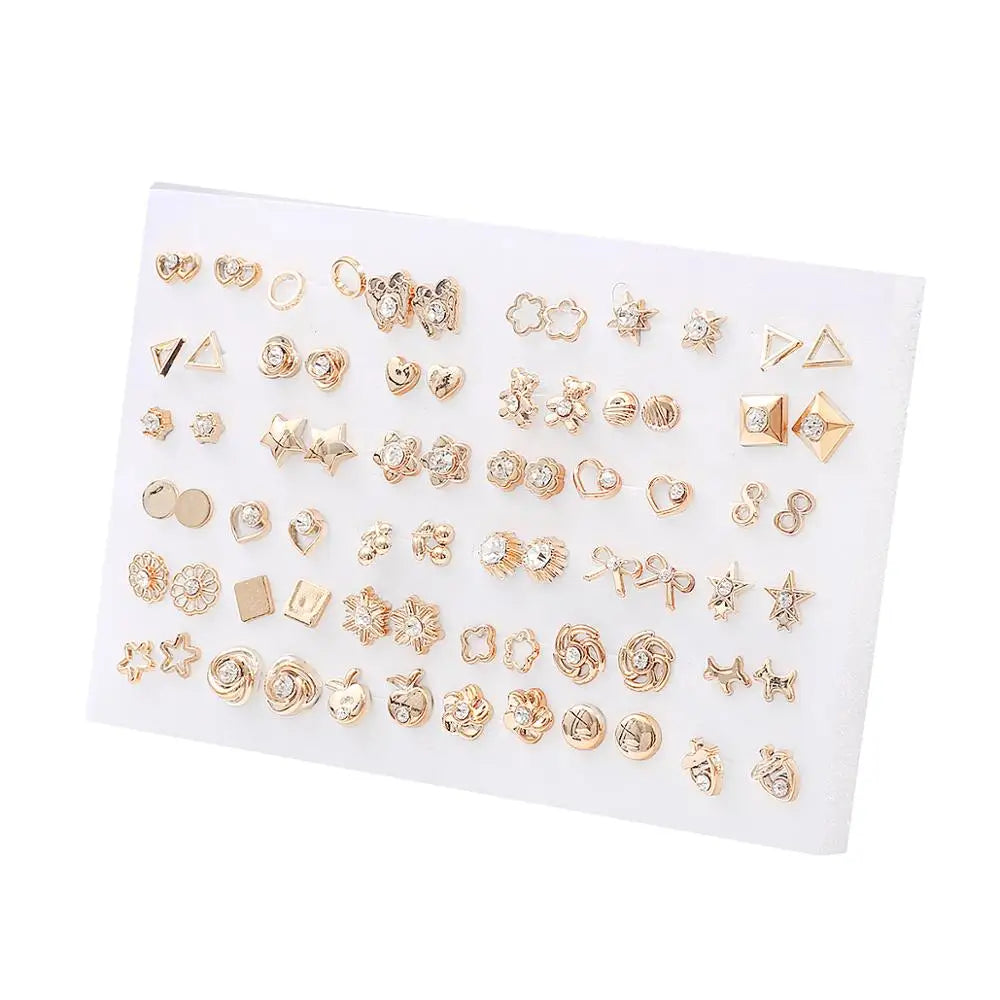 36Pairs/Set Gold Color Earrings Mixed Styles Rhinestone Flower Geometric Heart Star Plastic Stud Earrings Set For Women Jewelry