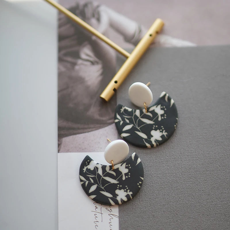 Black White Classic Floral Animal Pattern Elegant Big Multi Size Drop Long Dangle Unique Chandelier Polymer Clay Earrings Sets