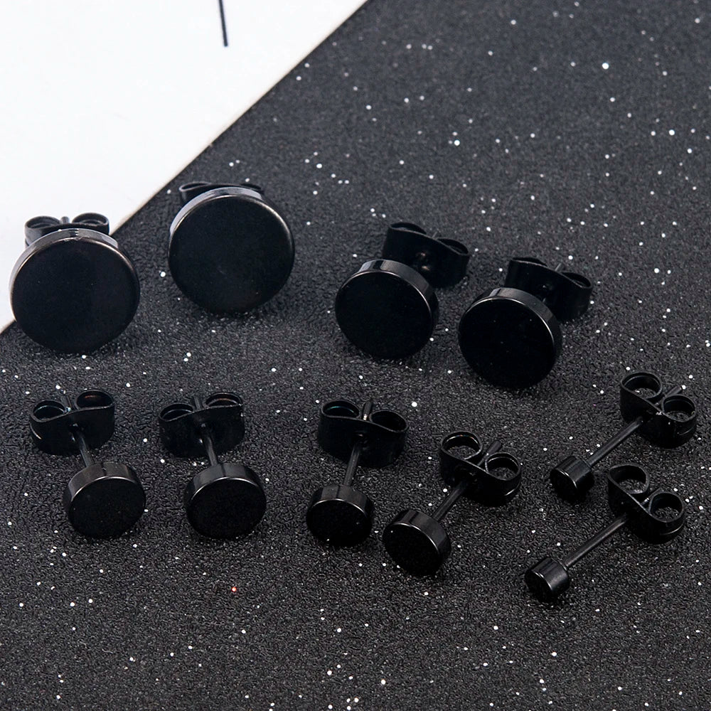 Fashion Women Men Black Round Stainless Steel Simple Ear Studs Earrings 5 Size Punk Earring Jewelry