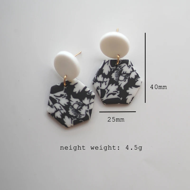 Black White Classic Floral Animal Pattern Elegant Big Multi Size Drop Long Dangle Unique Chandelier Polymer Clay Earrings Sets