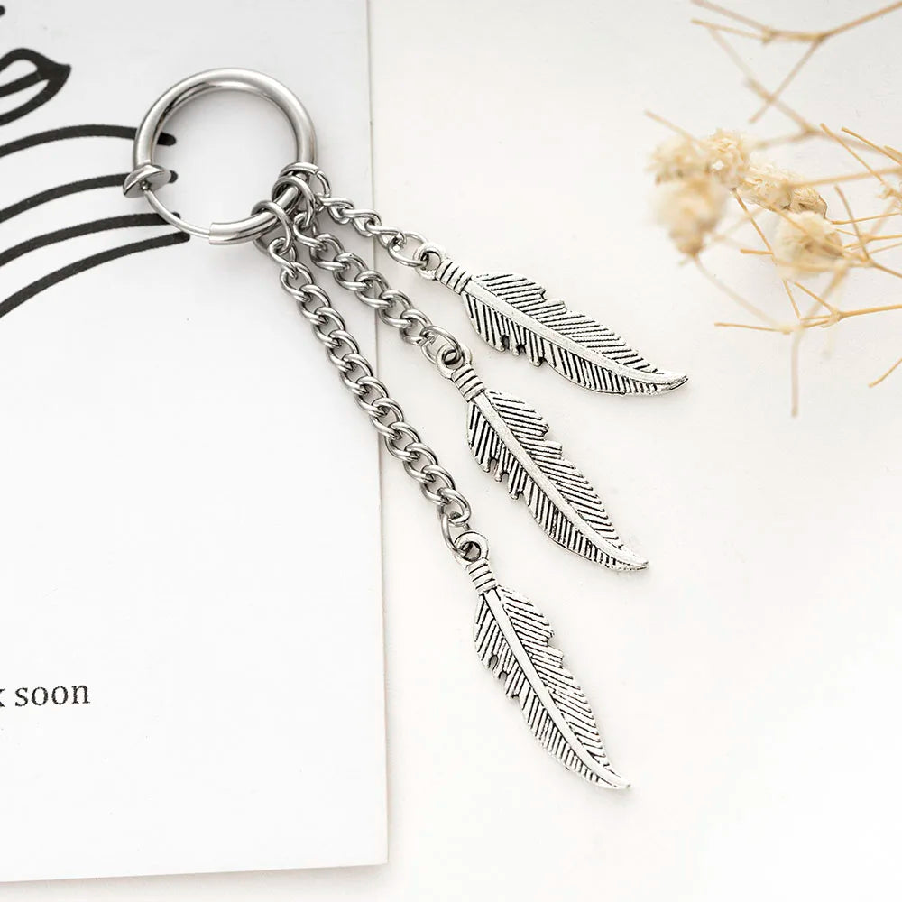 Men Punk Stainless Steel Stud Earring Earrings Feather Tassel Long Chain Pendant Unisex Trend Rock Hipster Ear Clip Woman Gift