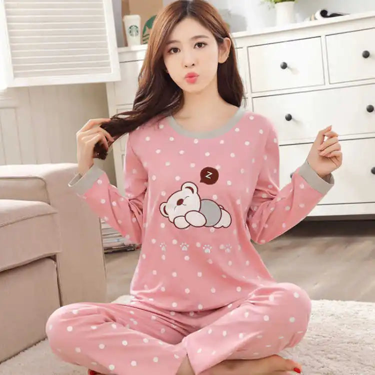 Autumn Thin 2pieces Pyjamas Set Women 2024 Cotton Round Neck Girls Bear Pajamas Sets Teacup Cat Full Sleepwear Tops Pajama Mujer