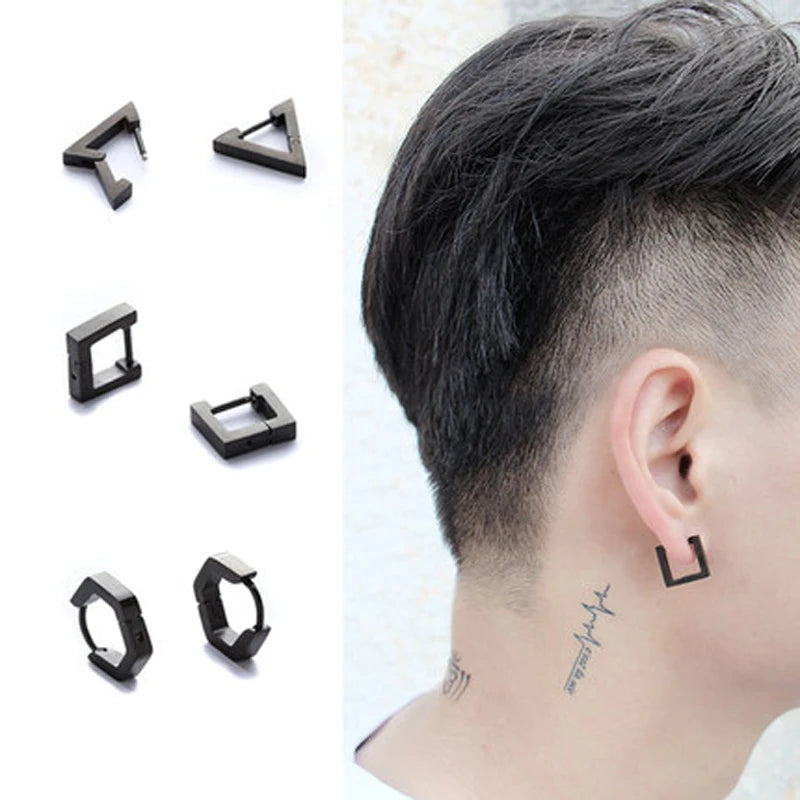 Fashion Gothic Triangle Square Unisex Punk Rock Stainless Steel Men Women Ear Stud Earrings Pierced Push-Back Ear Plug Buckle