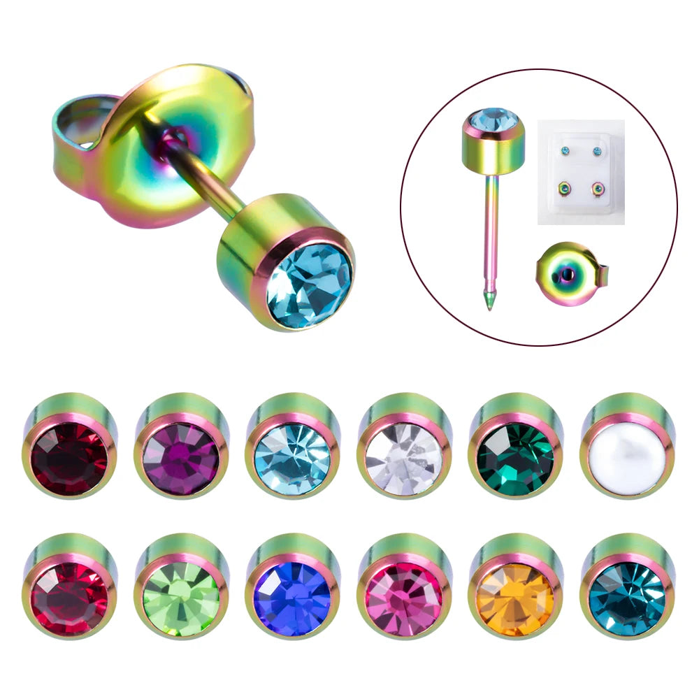 2pcs Black Rainbow 316l Steel Earring Studs Ear Piercing Gun Birthstone CZ Ear Stud Earrings Stud Tragus Cartilage Body Jewelry