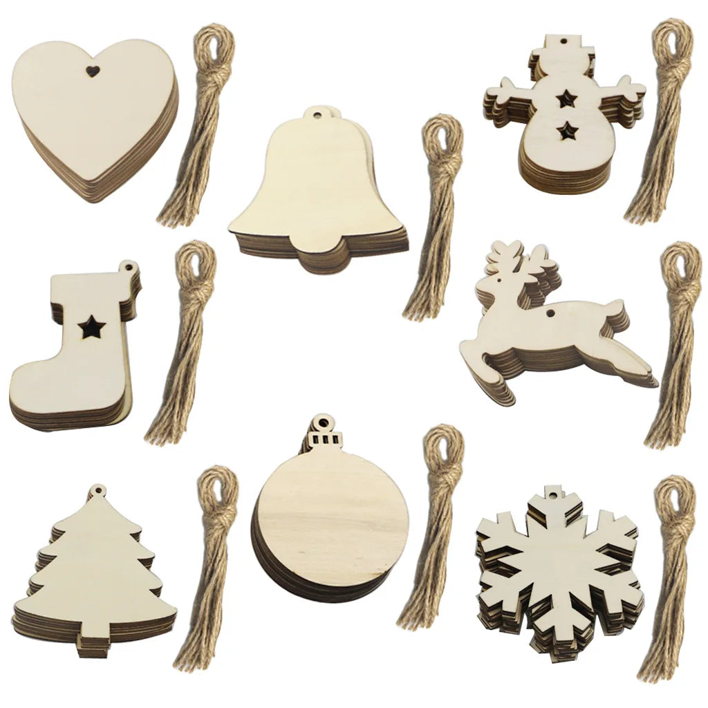 10PCS DIY Wood Christmas Ornament Unfinsihed Wooden Christmas Tree Hanging Decorations for DIY Craft Xms Home Party Decor