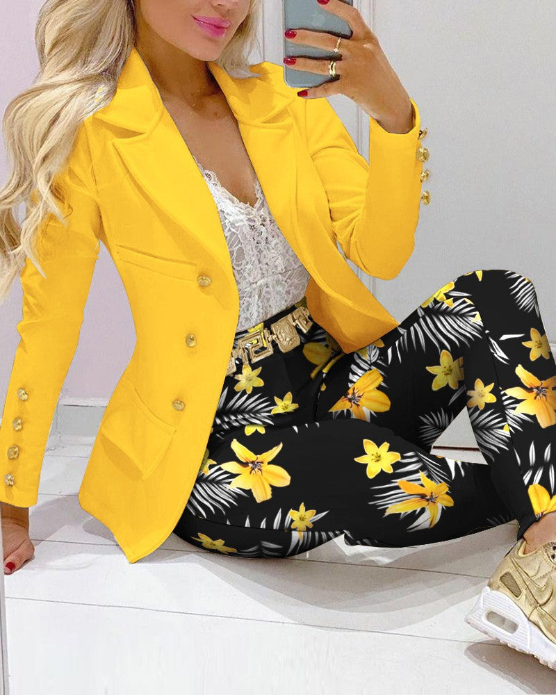 Casual Stripe Print Suit Coat Pants Set Office Lady Fashion Elegant Long Sleeve Top Trousers Two Piece Set Women Outfit 2024 ﻿