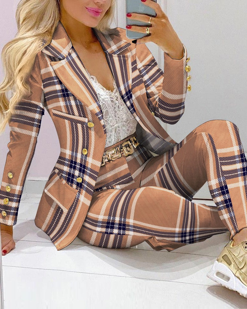 Casual Stripe Print Suit Coat Pants Set Office Lady Fashion Elegant Long Sleeve Top Trousers Two Piece Set Women Outfit 2024 ﻿