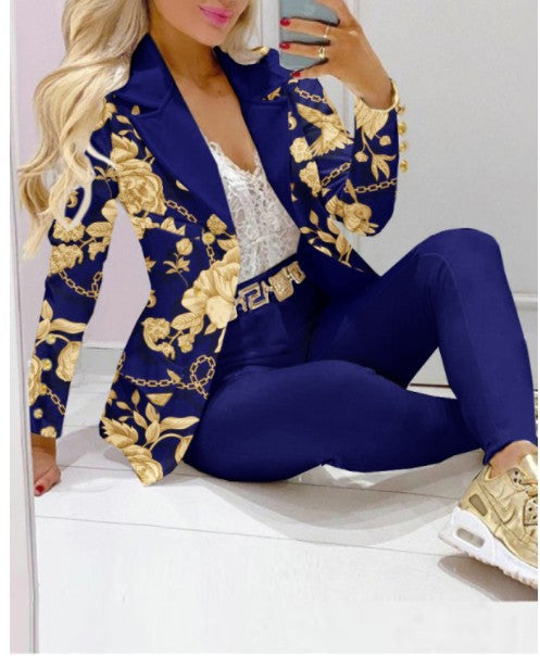 Casual Stripe Print Suit Coat Pants Set Office Lady Fashion Elegant Long Sleeve Top Trousers Two Piece Set Women Outfit 2024 ﻿