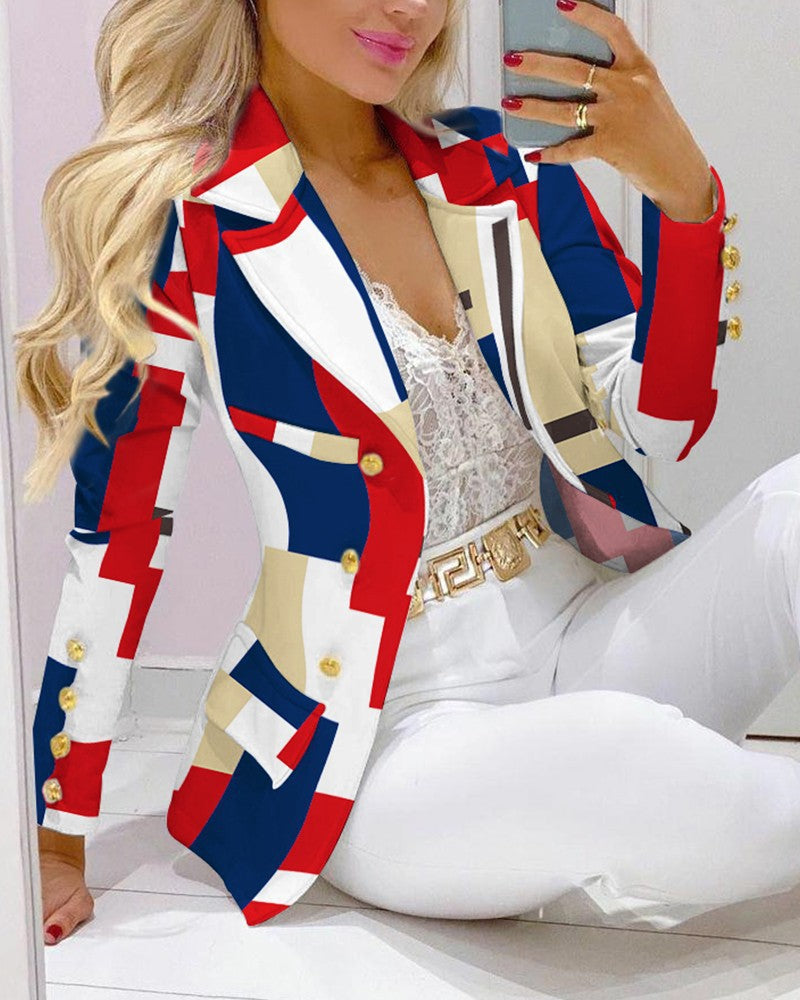 Casual Stripe Print Suit Coat Pants Set Office Lady Fashion Elegant Long Sleeve Top Trousers Two Piece Set Women Outfit 2024 ﻿