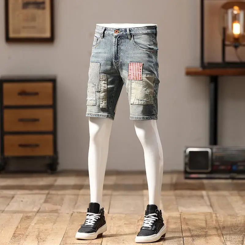 High-end Korean Luxury Clothing Summer Vintage Denim Jeans Knee Length Shorts for Men Casual Patchwork Classic Boyfriend Jeans