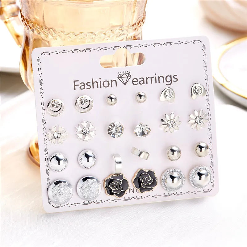 12 Pairs/Set Imitation Pearl Sun Star Flower Bow Heart Zircon Combination Paper Card Stud Earrings Set Fashion Geometric Earring