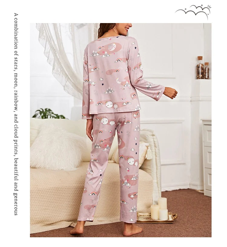 Autumn women's printed pure cotton sleepwear set with round neck long sleeved pants casual  comfortable two piece home suit set