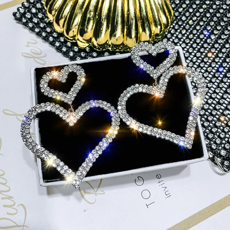 Luxury Big Double Love Heart Rhinestone Drop Earrings for Women Girls Crystal Korean Statement Wedding Party Ear Jewelry Gifts