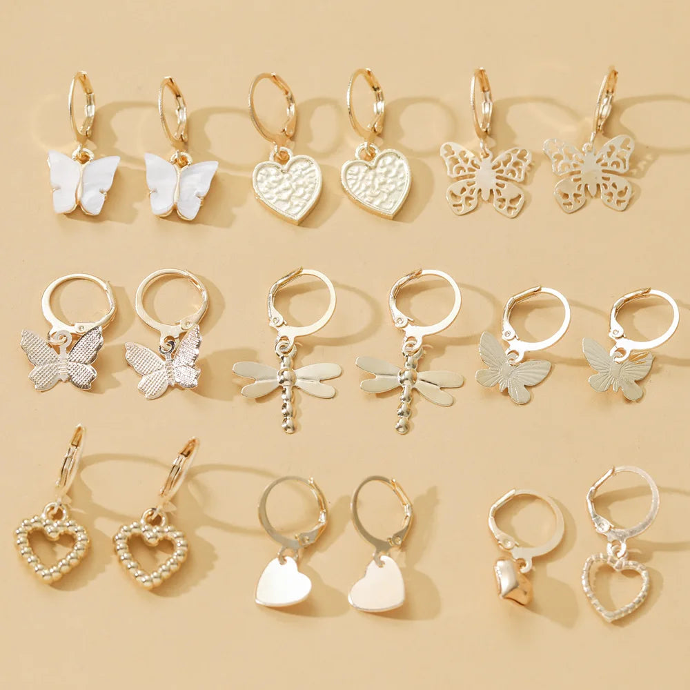 DONATTO 9 Pairs Earrings Set Butterfly Trendy Silver Color Animal Drop Girls Geometric Heart Metal Acrylic Earrings Jewelry